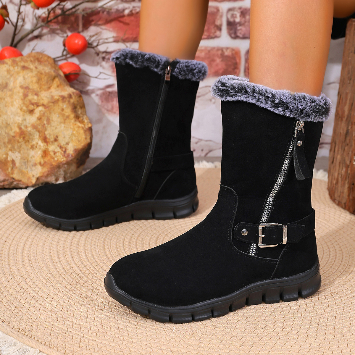 TEMU -zipper Warm And Anti-slip Mid-calf Boots For Women In Autumn And Winter, Women Shoes