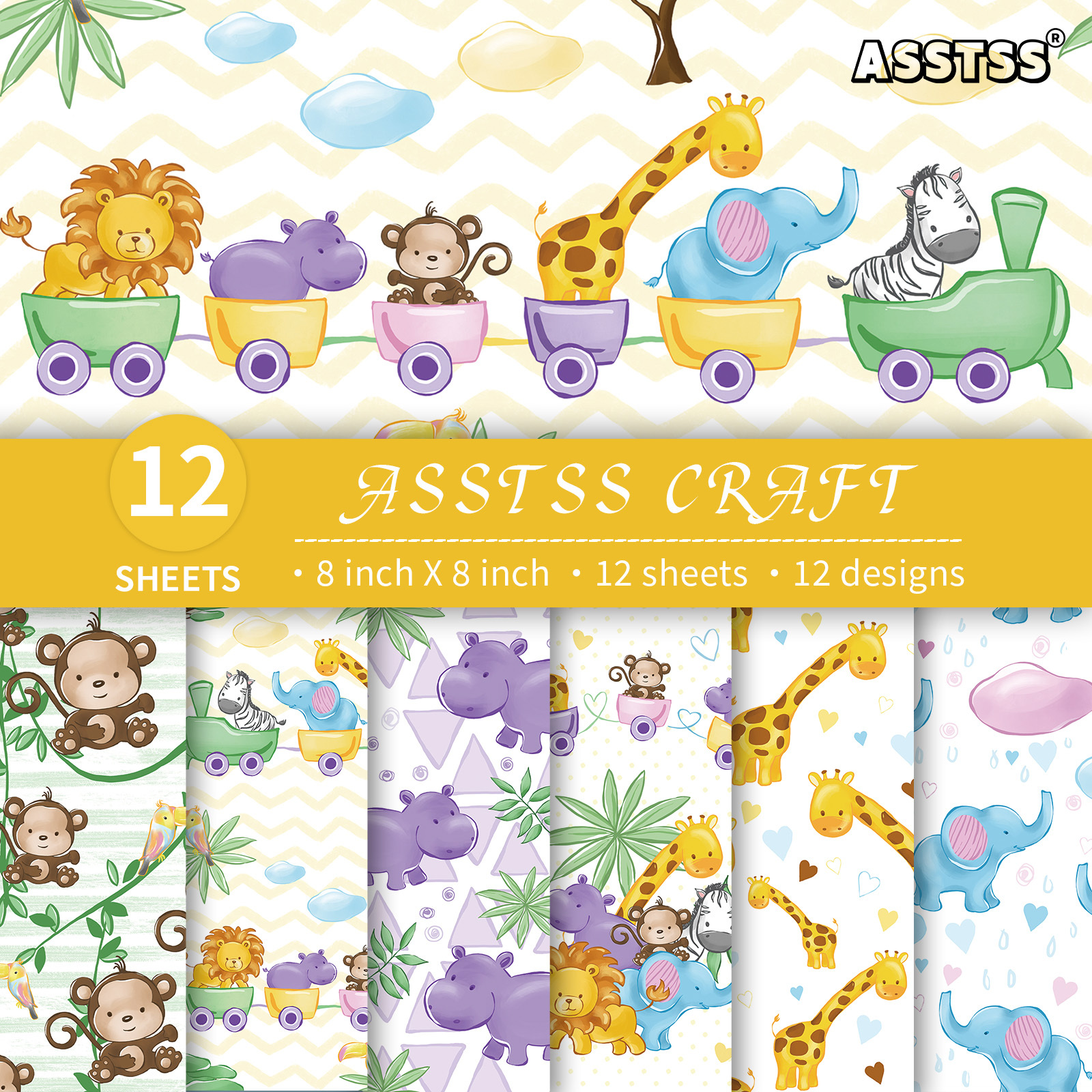 TEMU 12-sheet Asstss Heavyweight Scrapbooking Paper Pad Suitable For Journaling, Collage Art & Baby Shower Crafts - Jungle & Baby Themes With Lion,