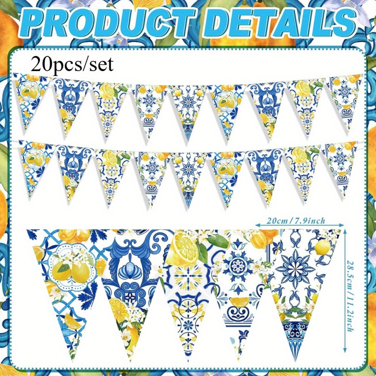 20pcs/set Blue Tiles Lemon Decor Lemon Bunting Banners Blue Tiles Paper Pennant Garlands Lemonade Hanging Triangle Flags For Wedding Birthday Bridal Shower Bachelorette Party Decorations