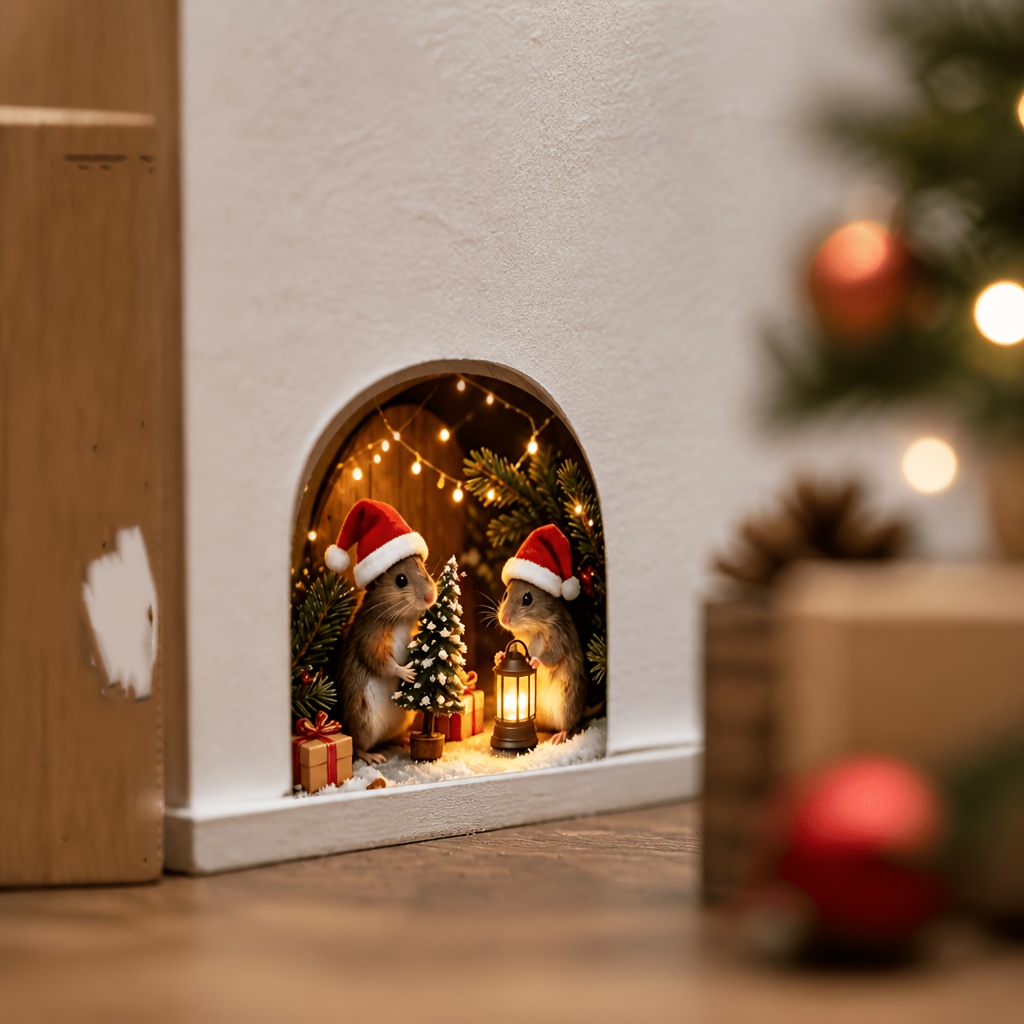 TEMU 1pc Christmas Cute Mouse Doorway Wall Sticker, Wearing Santa Hat Mouse Cave Night Light Decor Pattern, Living Room Bedroom Decorative