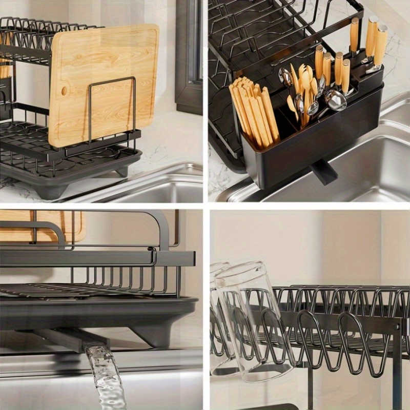 space saving foldable dish drying rack adjustable 2 tier kitchen organizer with hooks cup holder drain tray compact countertop or cabinet storage heavy duty   construction dishwasher safe black white options duallayer organizer sleek kitchenware durable metal frame small kitchens details 3