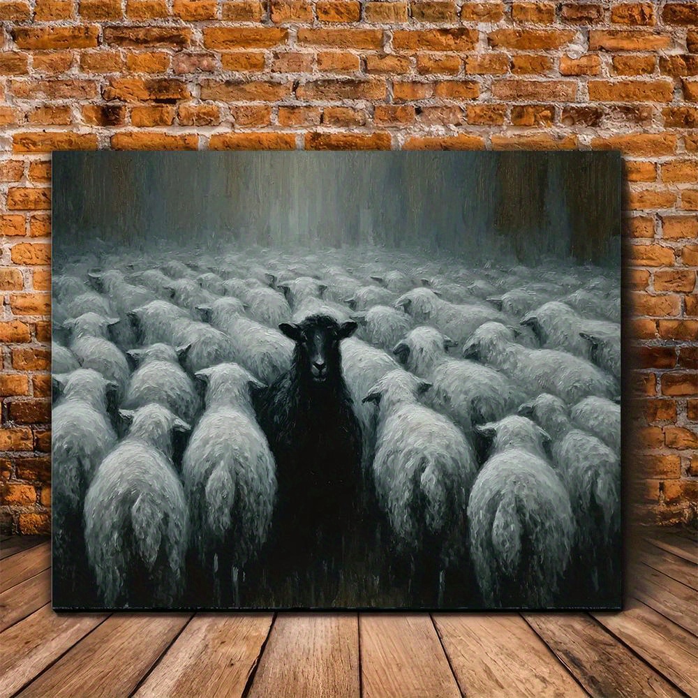 1pc Black Sheep in White Flock Canvas Art Print - Frameless Wall Decor for Living Room, Bedroom, Office, Bar, Cafe - Ideal Gift for Thanksgiving, Halloween, Christmas, New Year'S Day, Sheep Decor
