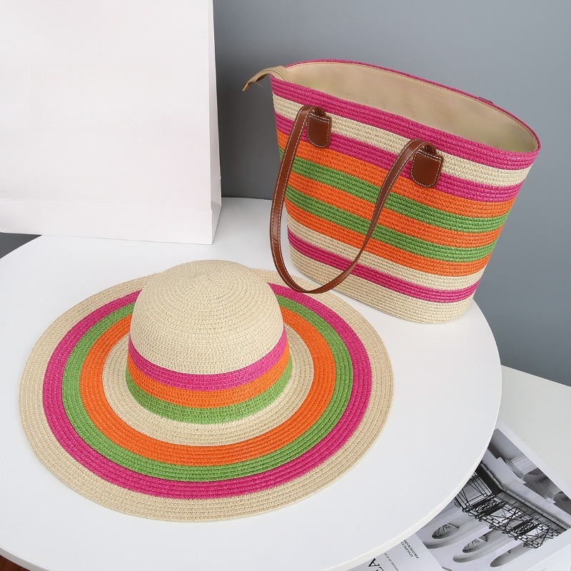 TEMU Straw Bag And Sun Hat Set, Perfect For Beach Strolls, Island Trips, Sun Protection, Park Picnics, And Weekend