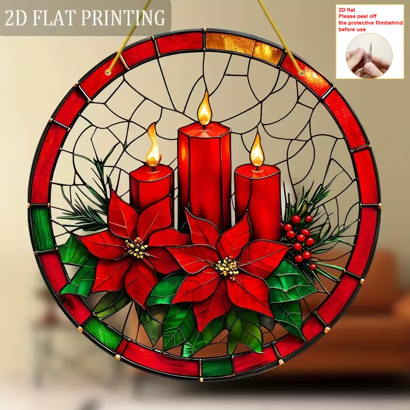 TEMU 2d Flat Design, Christmas Poinsettia Catcher - Square Christmas Flower Window Hanging Decor, With Hanging Loop, 6x6 Inch Acrylic Panel, For