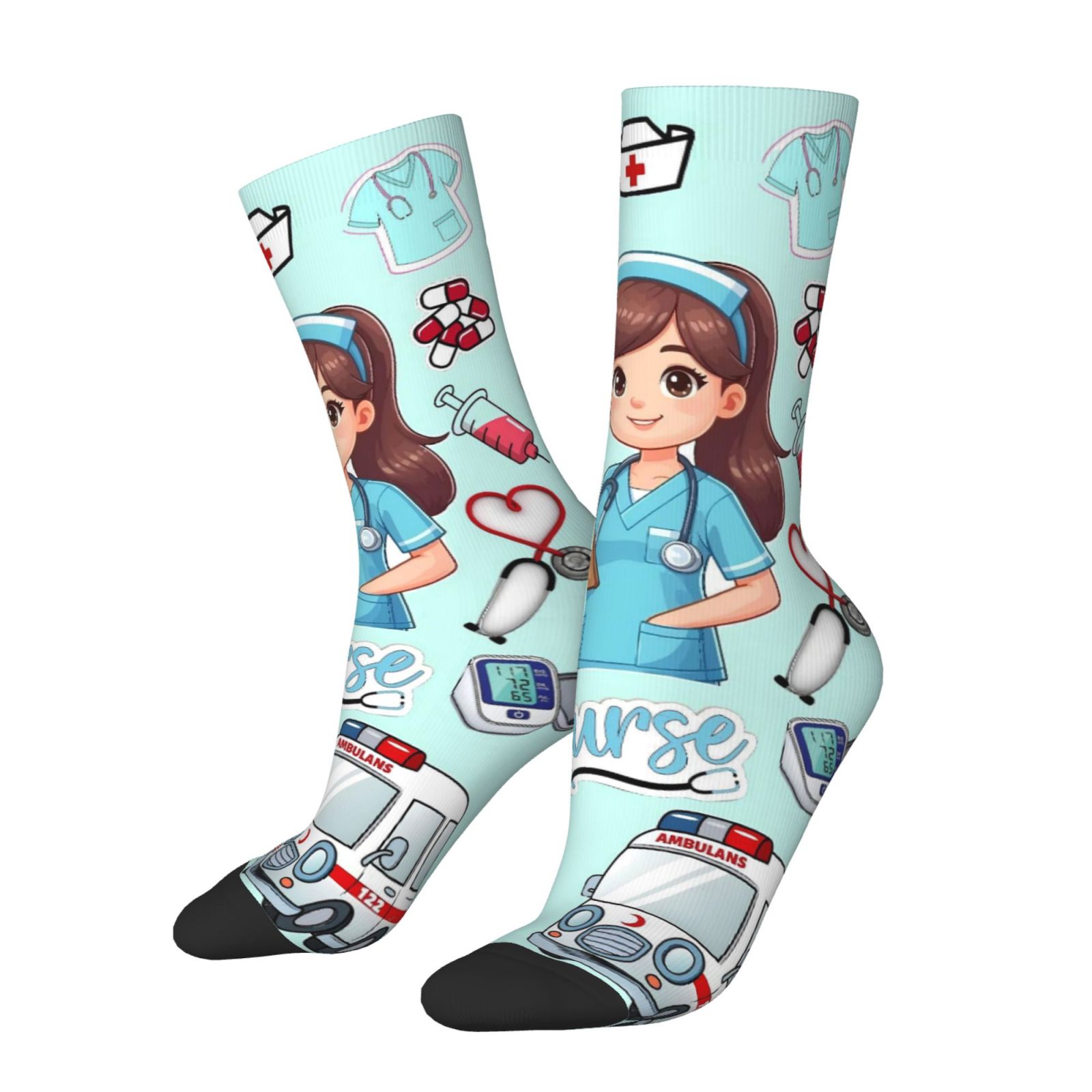 Image of Unisex Outdoor Socks With Nurse-themed Print, Mid-calf Length For Men And Women - Machine Washable | Comfortably Breathing & Stylish Design Daily Casual Or Sports Activities