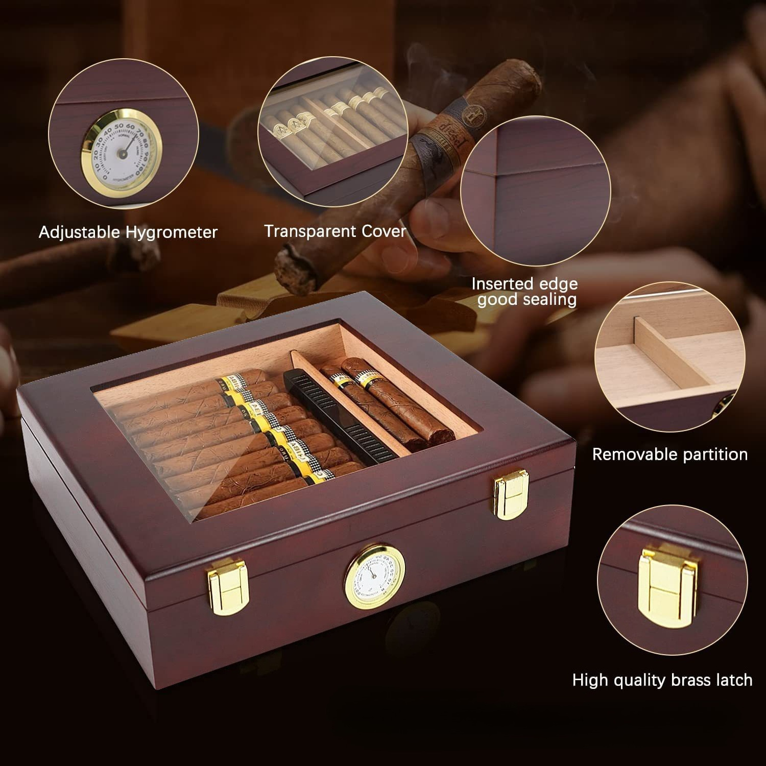 Cigar Humidors Storage 25-50 Cigars Box, Tempered Glass Top Display, Handcraft Spanish Cedar Wood Cigar Case with Divider, Humidifier and Hygrometer, Gift for Man, Sapele Cherry
