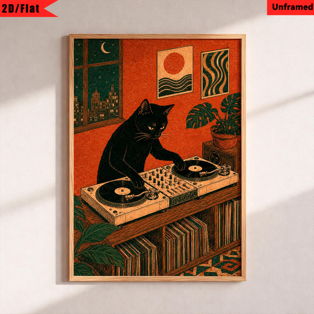 TEMU 2d Flat, 1pc Retro Dj Black Cat Poster - Turntable Wall Art Suitable For Cat & Music Lovers, Vertical Unframed Ink Print For / Decor, Aesthetic