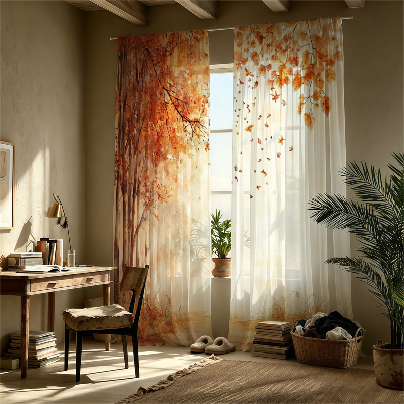 TEMU 2d Flat - 2pcs Curtains 2d , Rod-pocket Sheer Curtains For Autumn Decor - Featuring Festive Prints; Suitable For Living Rooms And Bedrooms;