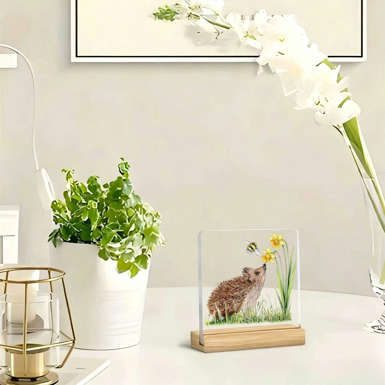 TEMU 2d Flat, 1pc Hedgehog Smelling Flowers With Bee Ornament, Slogan Ornament, Warm And Inspirational Slogan, Acrylic Ornament With Wooden Base,