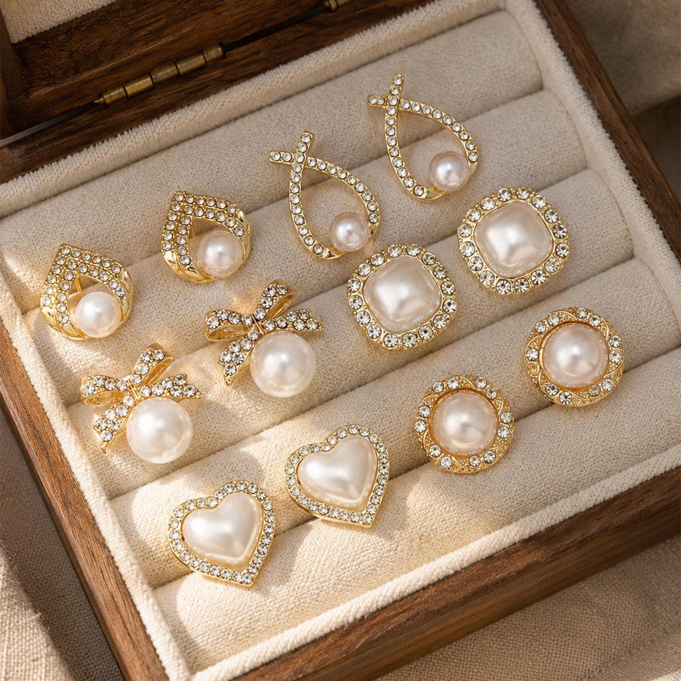 TEMU Lot de 12 paires de boucles d'oreilles plaquées à strass pour femme, adaptées pour , les fêtes, les vacances - Clous de boutons de cœur et de