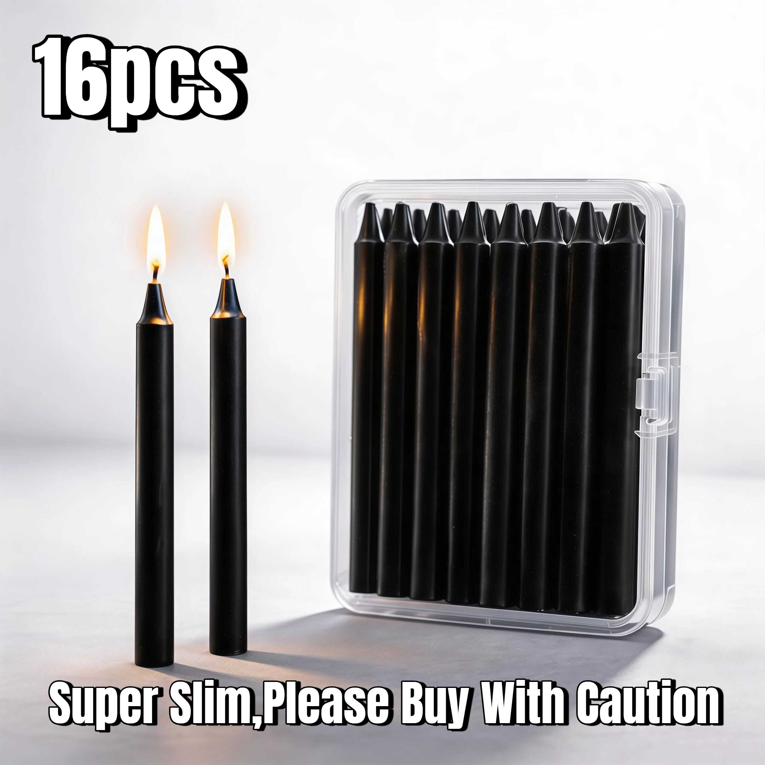 Image of 16 Packs Black Chime Candles 10.5cm, Ultra Thin Taper Candles, Transparent Plastic Box Packaging For , & Spell