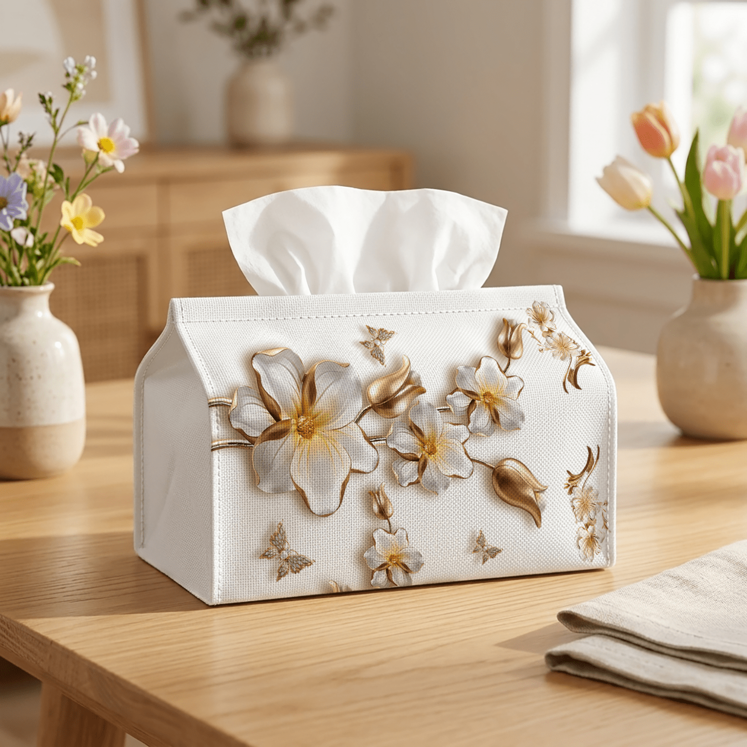 TEMU Elegant White Golden Floral Luxurious Pattern Tissue Box Cover, 2d Flat Printing Large Capacity Luxurious Fabric Tissue Holder Tissue Bag 1pc,