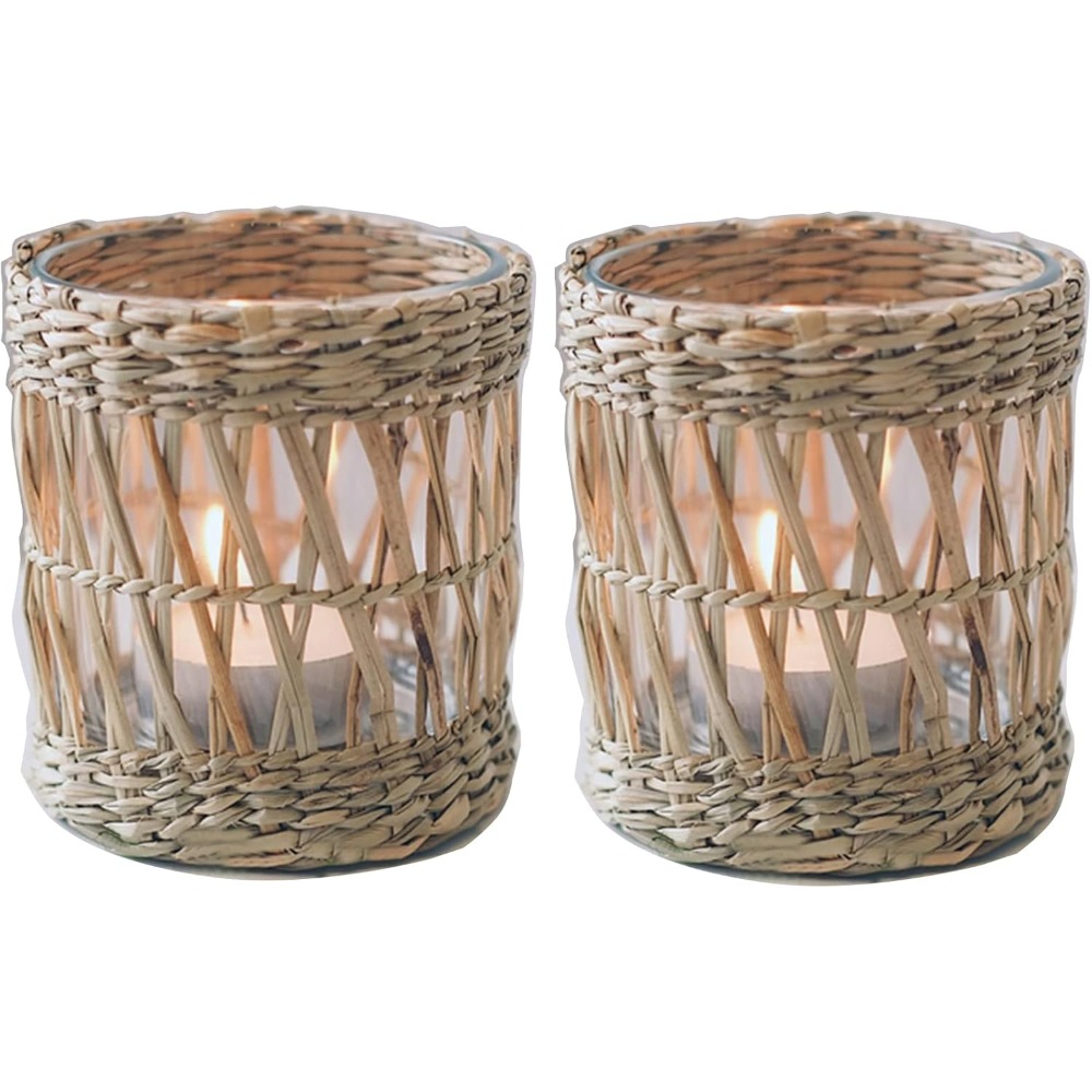 Image of Set Of 2 Woven Rattan Tea Light Holders, Votive Candle Holders, Rustic Vintage Seagrass Glass Holders For , Christmas Decor