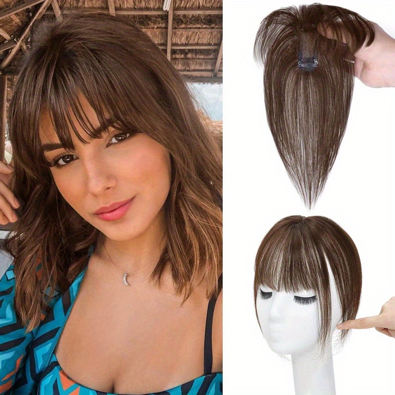 1pc human hair t shaped wig block cover with french bangs straight hair hair topper for women men real human hair easy to tidy match styles elegant     hair wig versatile hairstyle enhancer   cap details 4