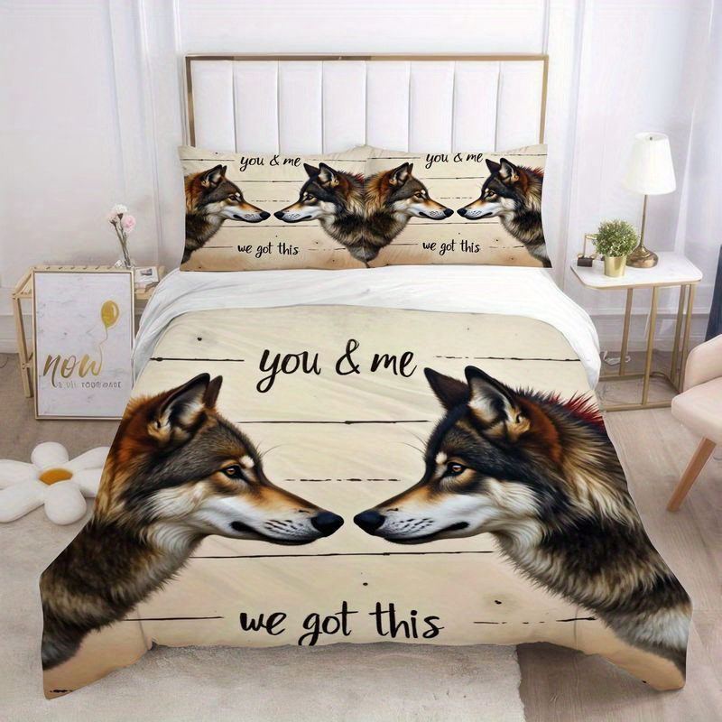 3pcs wild wolf couple printed bedding romantic quote design duvet  , rustic country style bedroom decor, soft microfiber quilt for master   home, beige brown   duvet  +2 pillowcases, home decoration, cozy bedroom, romantic design, couple theme, durable fabric,   bedding, pillowcase set, printed bedding set,   enthusiasts, couples gift Product details 7