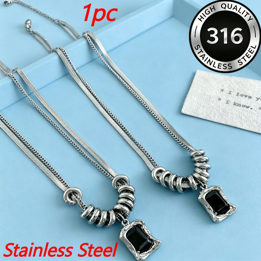 TEMU Collar gargantilla versátil unisex de 1 pieza, estilo y moderno, con cadena de capa de acero inoxidable 316, colgante cuadrado , colgante de aro