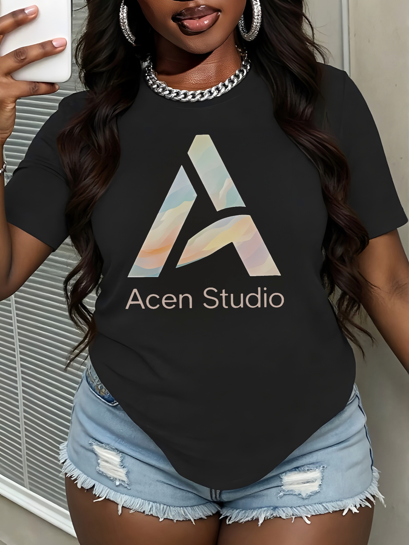 Women's Elegant Round Neck Short Sleeve T-Shirt - Pastel Pink & Golden Marble Print with Acen Studio Lettering, Lightweight Polyester Casual to Semi-Formal Spring Summer Blouse, Machine Washable Casual Attire & Brand Collaboration Outfits, Stylish Abstract Pastel Design in Pink, Blue, Green, and Yellow, Comfortable Polyester Fabric for Women's Fashion, Half Sleeve T Shirts for Women, Womens Tshirts 0