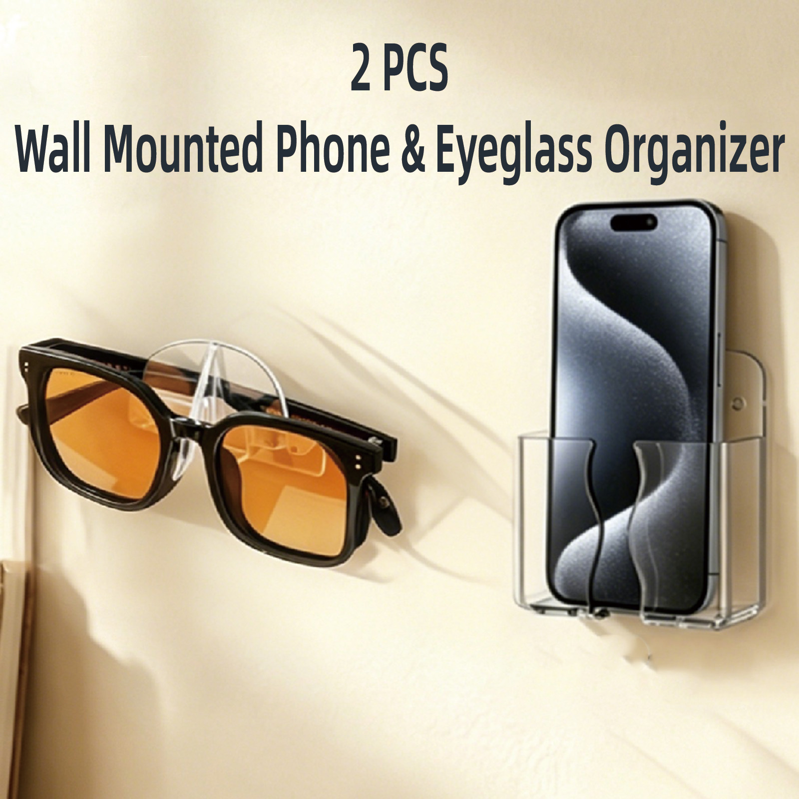2pcs Wall Mount Organizer, No Drill Wall Mounted Storage Organizer, Clear Ps Plastic Phone Holder Sunglasses Stand, Space Adhesive Rack For Home Bathroom Office, Shelves