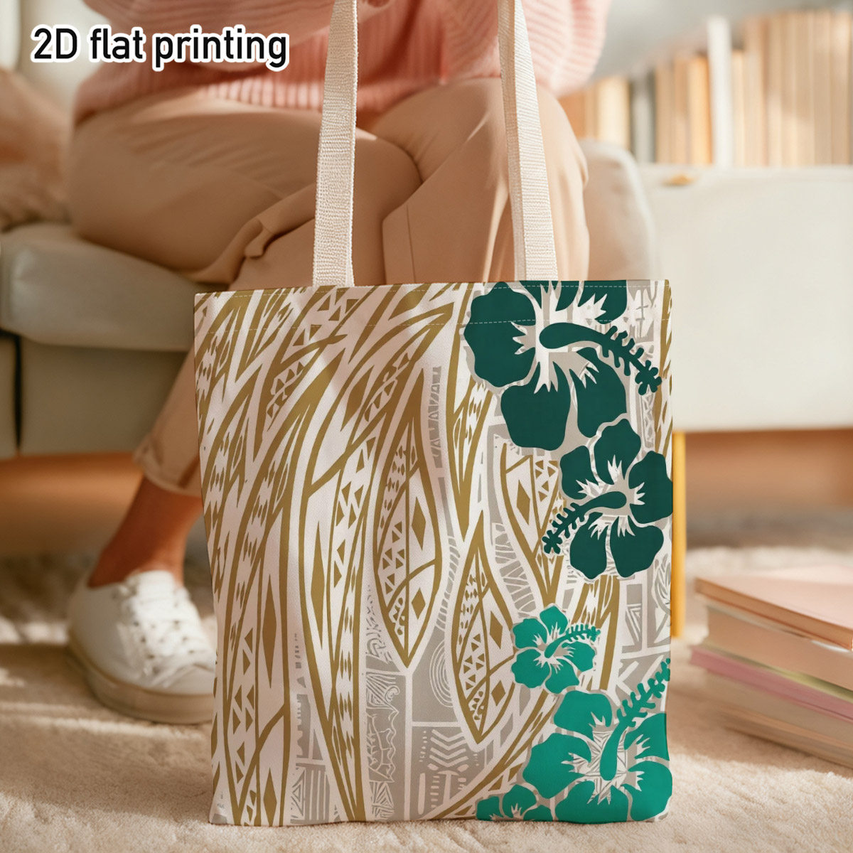 TEMU 2d Flat 1pc Polynesian Tote Bag, Duplex Prints With Floral Leaves Patterns, Ideal For Farmer, , Beach Trip, Brunch , For Trendy Ladies, Casual ,
