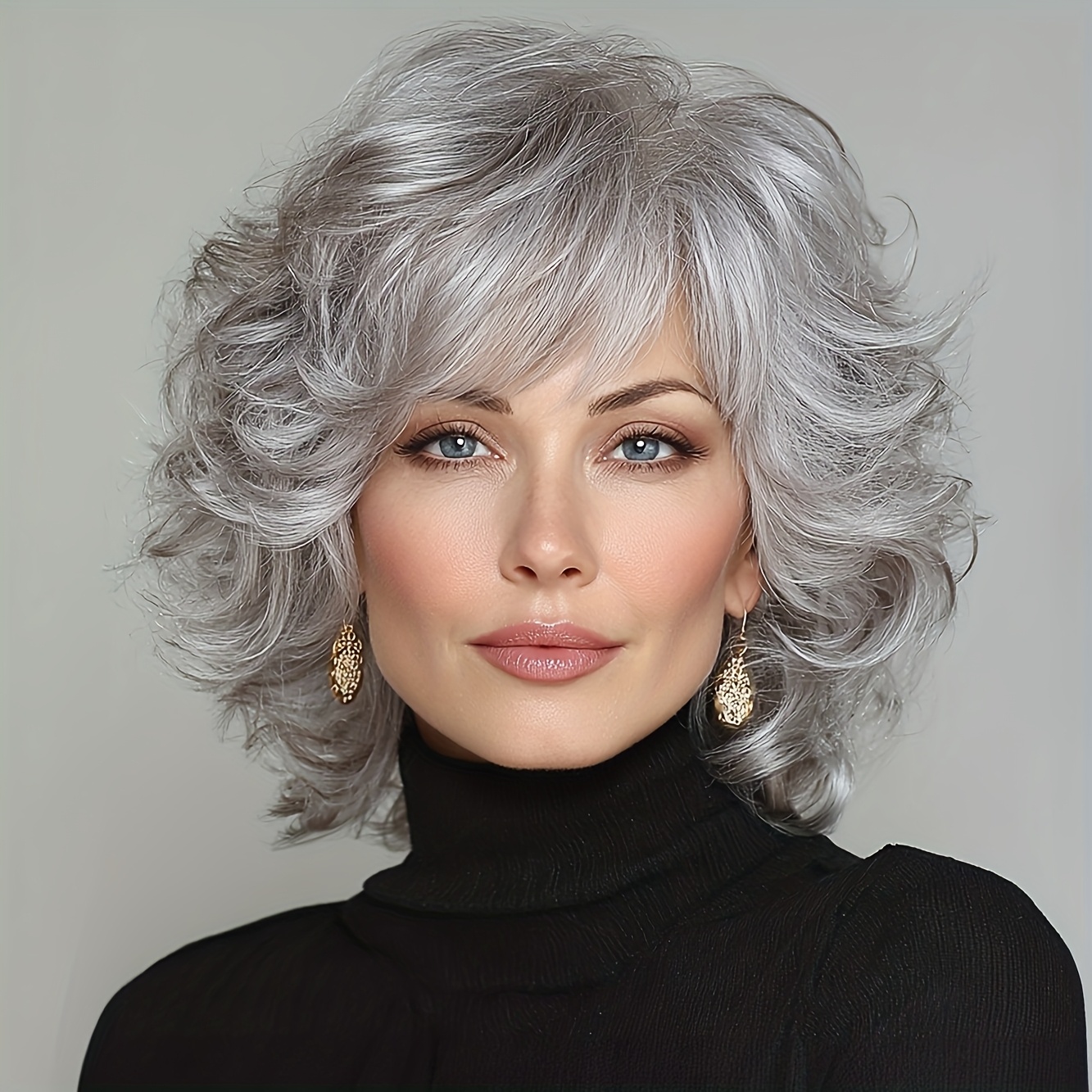 E-shop 12-Zoll Elegante Graue Perücke mit Pony für Damen, aus synthetischen Fasern, mit einem Rosen-Haarnetz und Hitzebeständig, geeignet für