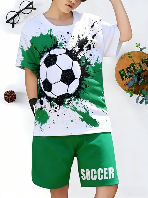 2pcs set boys sports style clothing white printed t shirt with splatter effect football pattern green shorts with socr text printed the short sleeve t shirt and shorts set is suitable for summer everyday soccer activities
