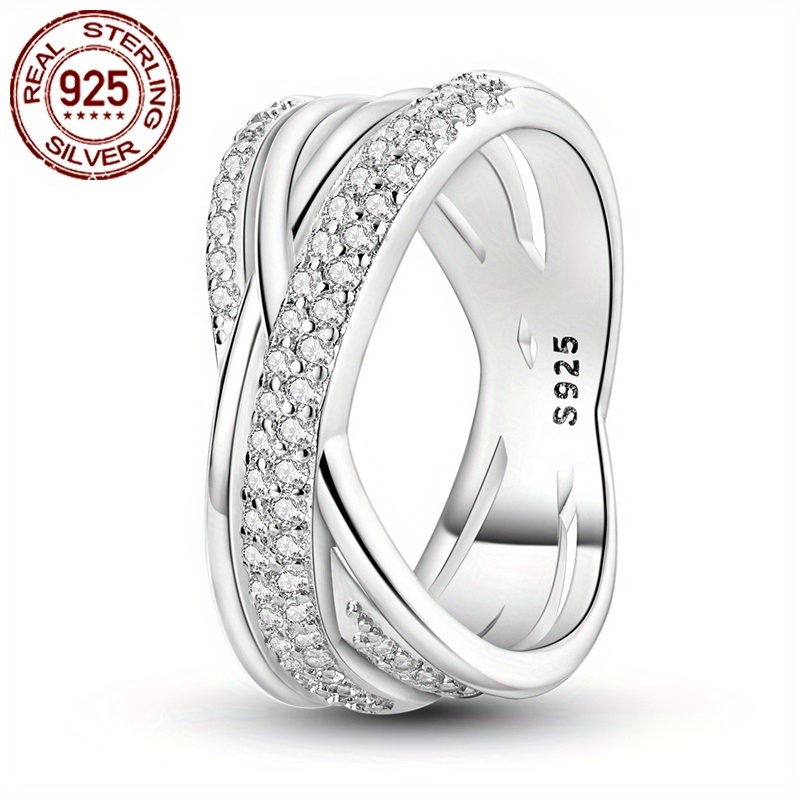 

1pc Luxury 925 Sterling Silver Wide Ring With Synthetic Zirconia, Geometric Line , Hypoallergenic, , Wedding, Party, Gift-, Valentine's Day, All Jewelry