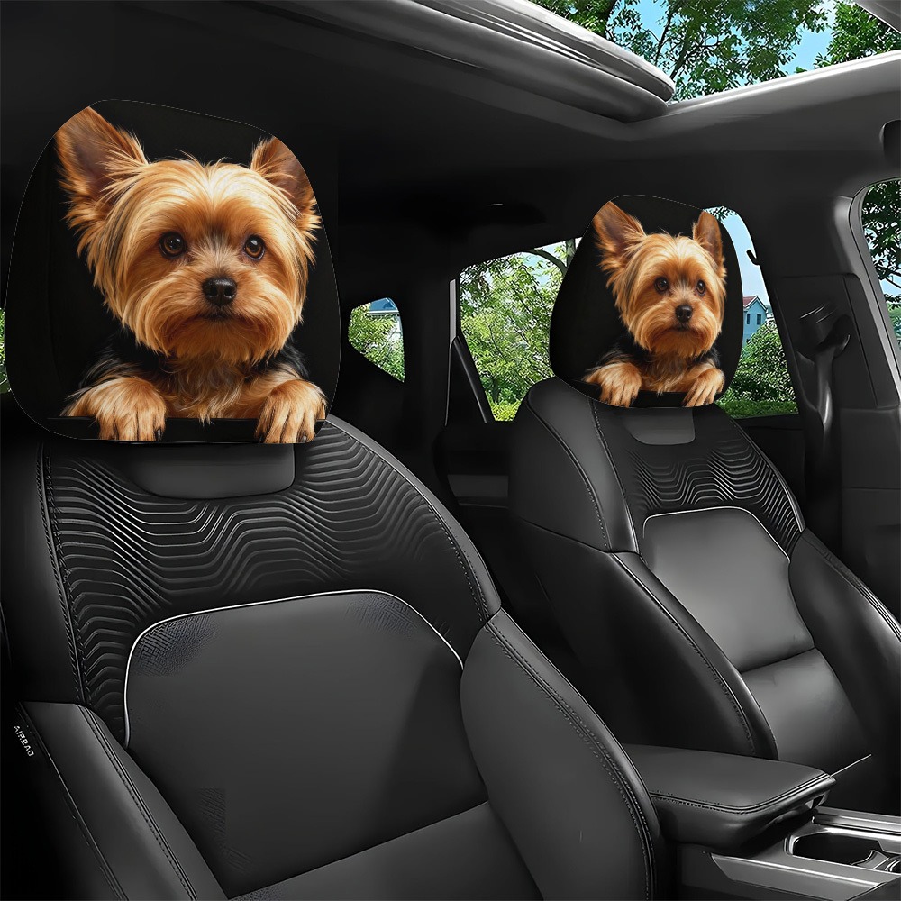 TEMU 2pcs Car Headrest Covers | Fun Yorkshire Terrier Design | Seat Headrest Protectors, Car Interior Accessories, Fit, Great Companion For