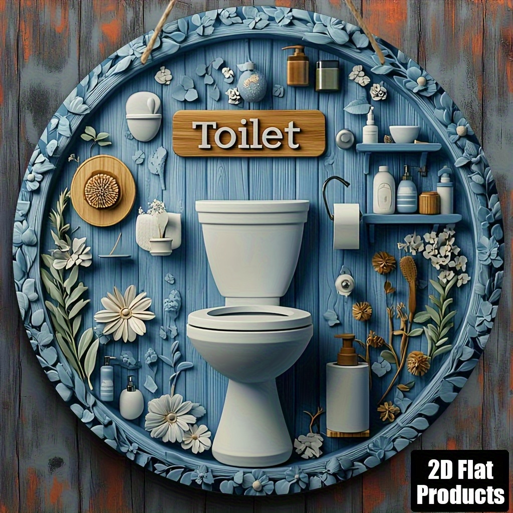 TEMU 2d Flat - [compact Size] Fashionable Toilet Sign Mural - Circular Wooden Decor With Humorous Bathroom Message, Blue Toilet Seat And Tank Design,