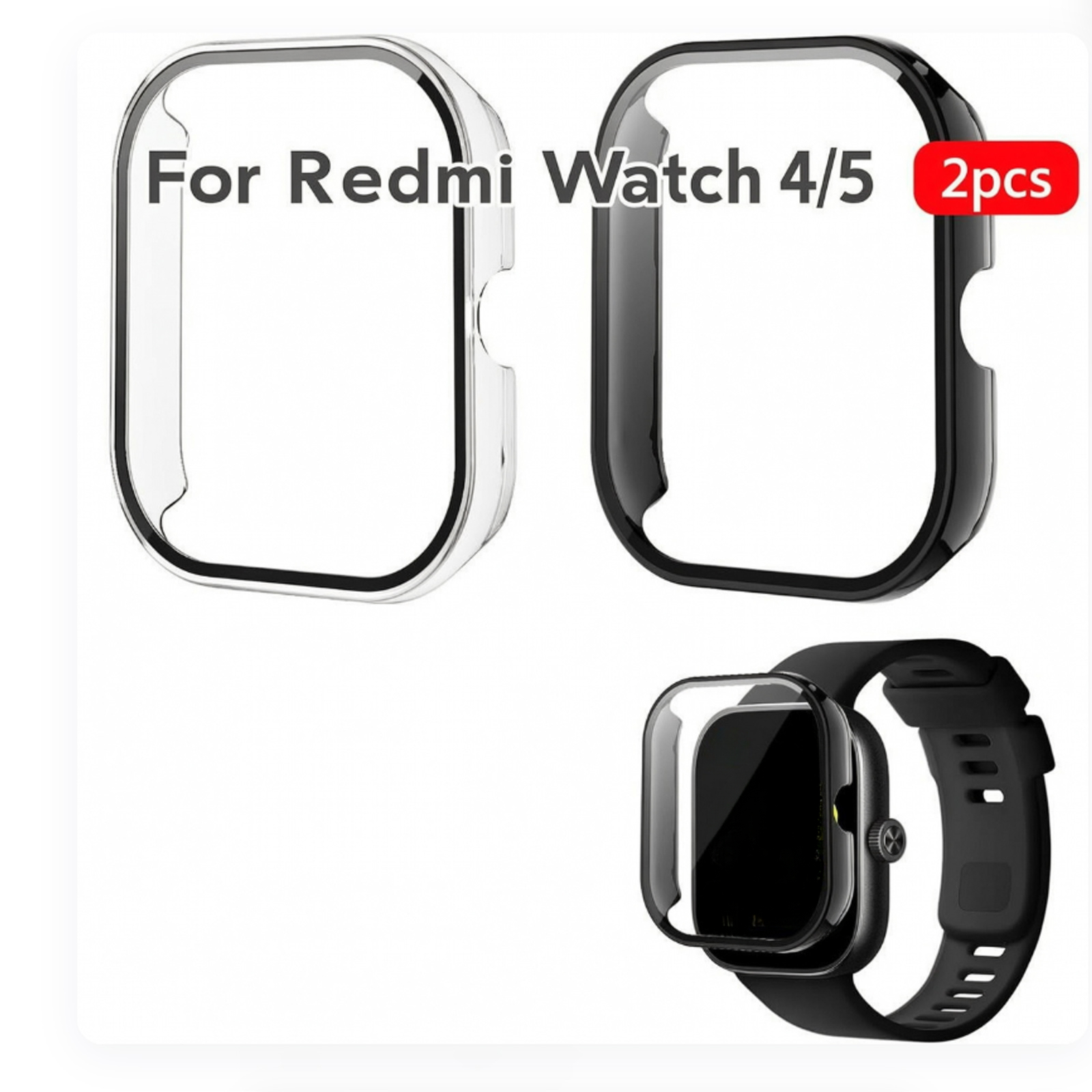 TEMU 2 protectores para Redmi Watch 4/5, cubierta transparente negra de cobertura total, vidrio templado 9H, compatible con Redmi Watch 4, carcasa de