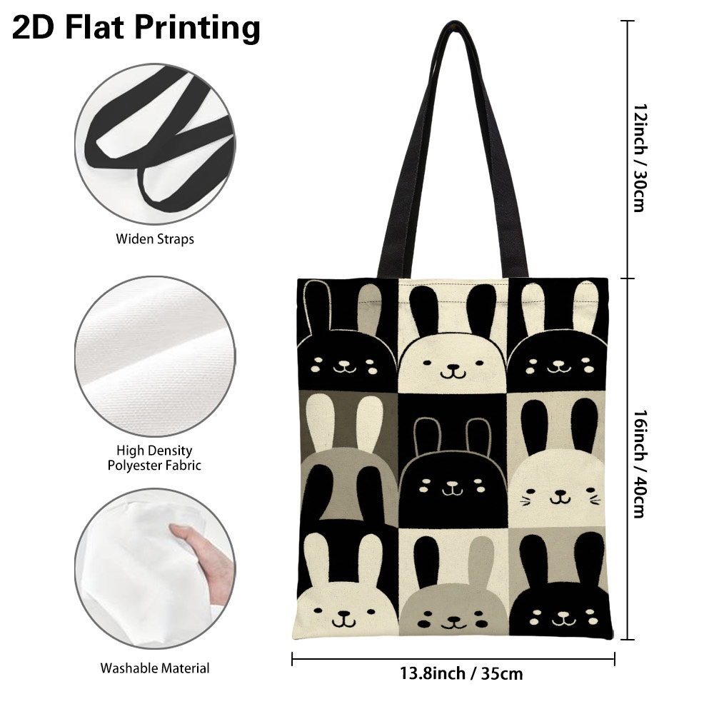 TEMU Sac 1 pièce à motif quadrillé avec de lapin mignons imprimés en 2D, sac de courses réutilisable de grande capacité, sac à bandoulière pliable et
