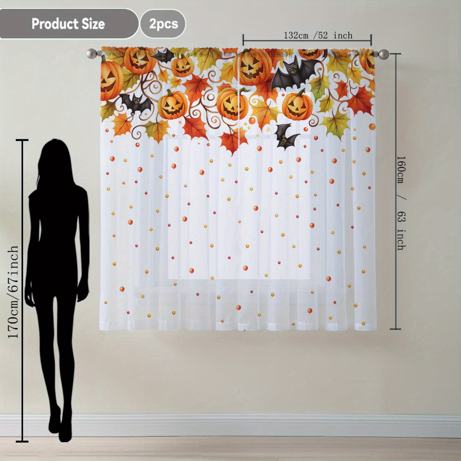 TEMU Lancement 2pcs Rideaux Voilages Décoration Intérieure avec Citrouille et Feuille d'Érable, Parfaits pour des Draperies d'Appartement Aérées