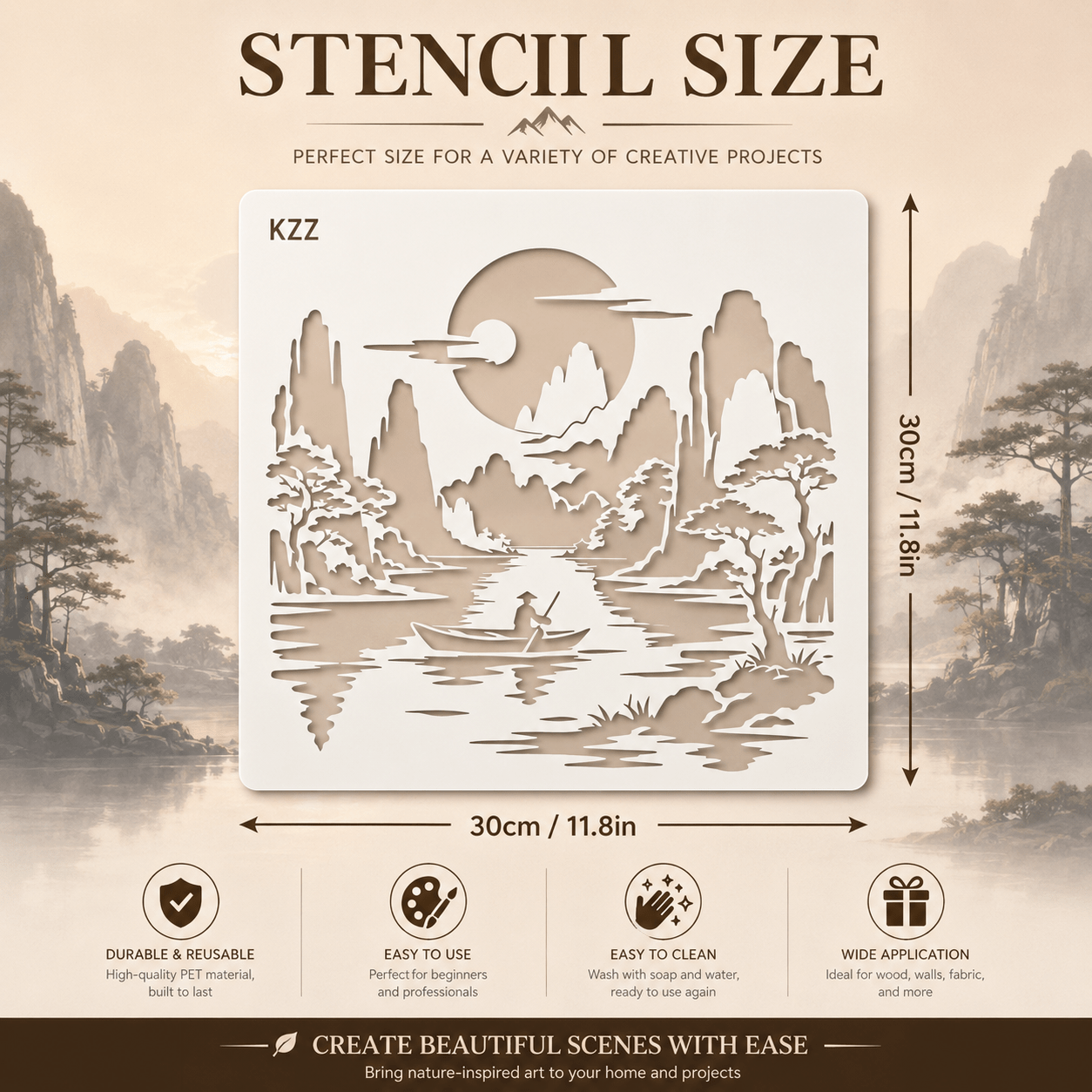 TEMU Pochoir de peinture KZZ Premium Ink Wash , grand modèle réutilisable de paysage de bateau sous pour art mural, toile, tissu, sac fourre-tout,