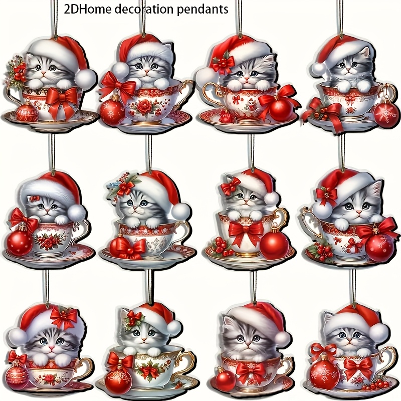 TEMU A Set Of 12 Adorable Wooden Cups Featuring Christmas Cats, Perfect For Holiday Decorations And Hanging Ornaments For The Christmas Tree, Making