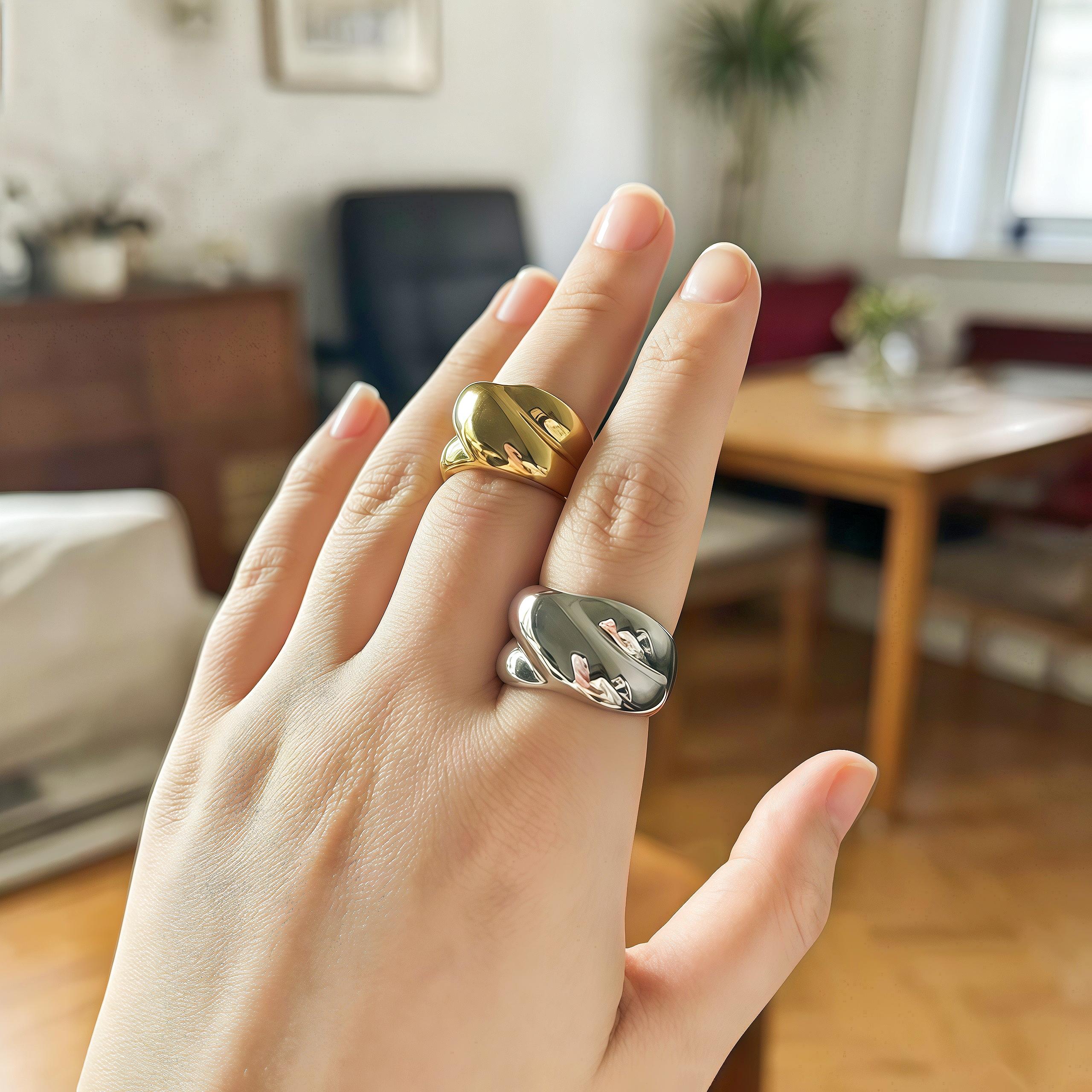 Women's French-Style Irregular Stainless Steel Ring, Elegant Design