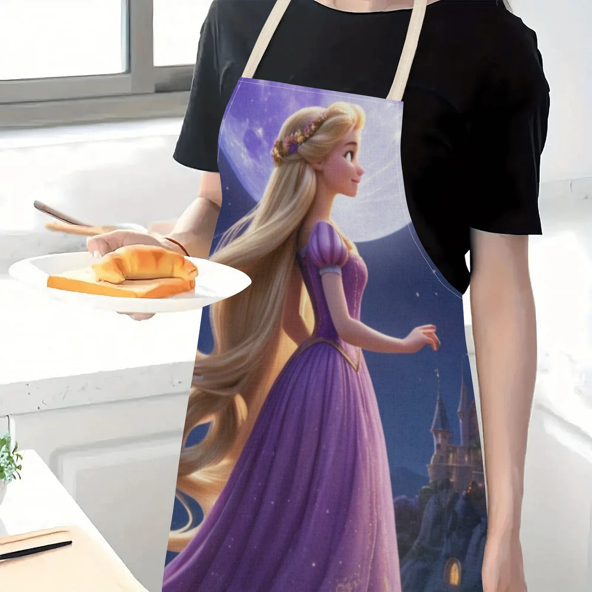   style| disney  -themed waterproof apron |   & elegant purple design with castle & moon illustration |   polyester,   fits all | ideal for hotels, supermarkets, restaurants, fruit shops, milk tea stands, and home use details 4