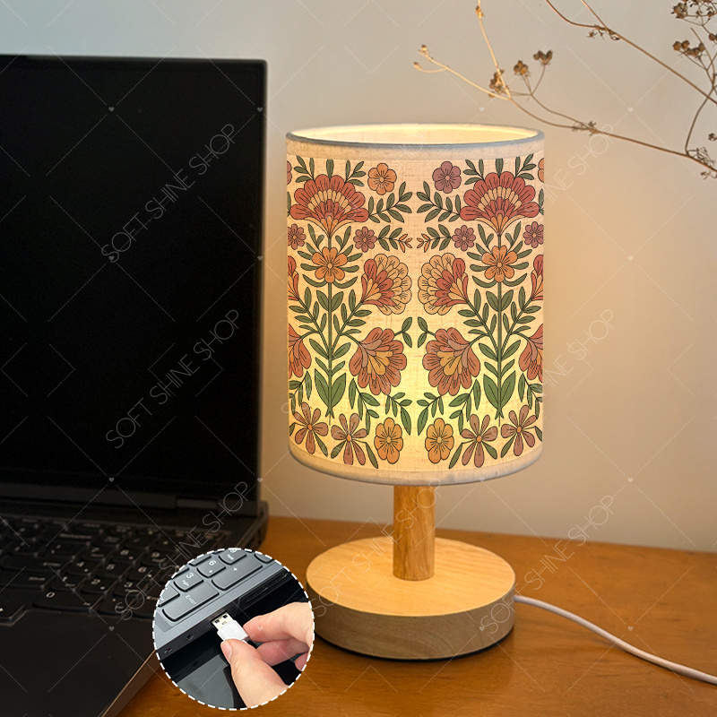 Printed Fabric Shade Table Lamp, USB-Powered LED Light