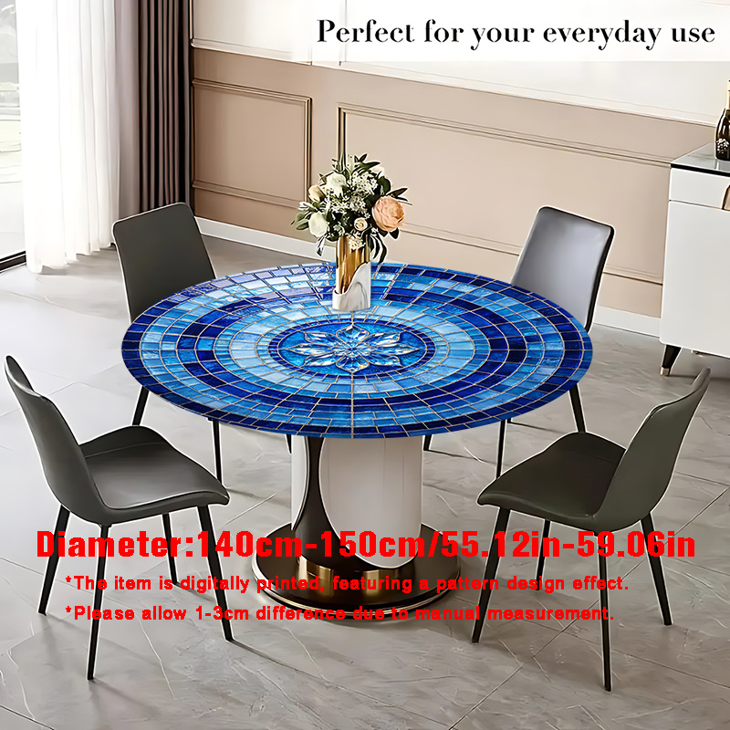 TEMU 2d Surface Printing Elastic Round Tablecloth, Blue Mosaic Floral Pattern Modern Easy Style Printed Circular Elastic Table Cover Suitable For