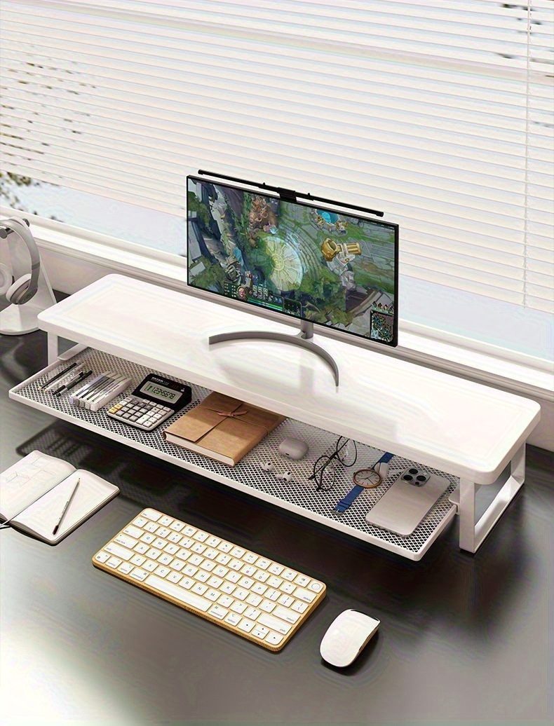 Modern Monitor Riser Stand with Easy-Pull Drawer & Multi-Color Options - 27.56x8.66inch Iron Frame Desktop Organizer, Sleek Minimalist Design for Home Office, Gaming Setup, Durable Metal Construction, Home Office Accessory, Minimalist Desk Accessory, Sturdy Construction