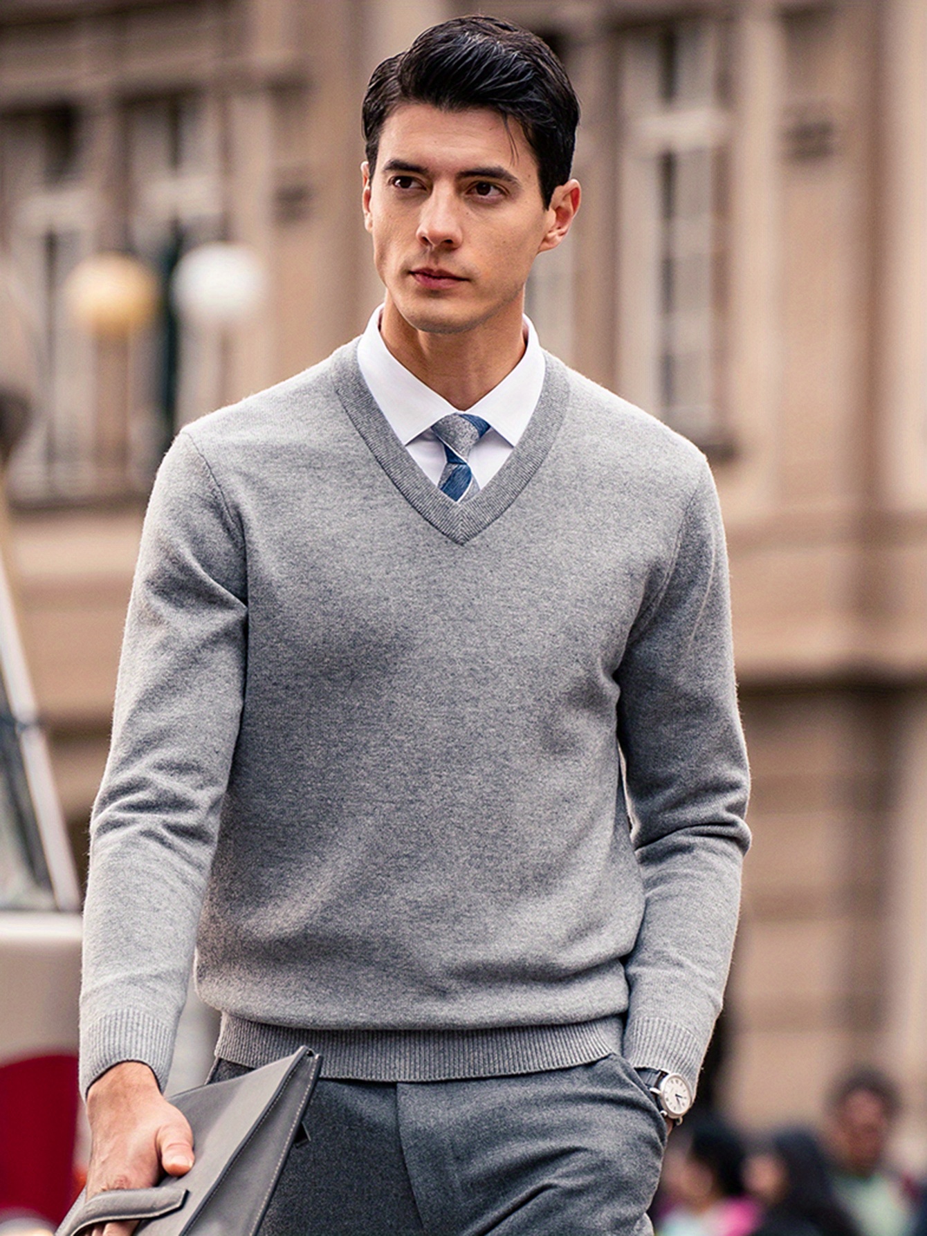 mens casual v neck sweater light brown long sleeve stretchy Temu