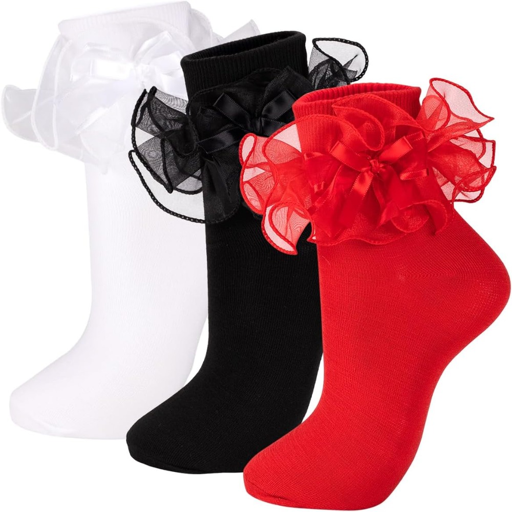 TEMU 3 Pairs Of Floral Bow Solid Color Versatile And Comfortable Short Socks For Spring And Summer, Women's Princess-style Calf-length Stockings