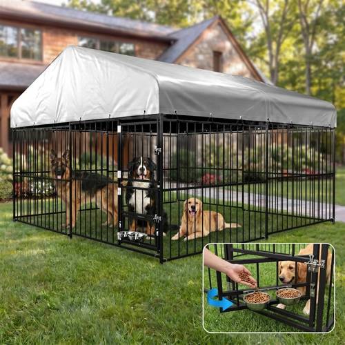 casa para perros de exterior, corral para perros de metal resistente con techo resistente a los rayos uv, puertas de , comederos giratorios de y cerradura , 10ft x 10ft x 7ft,