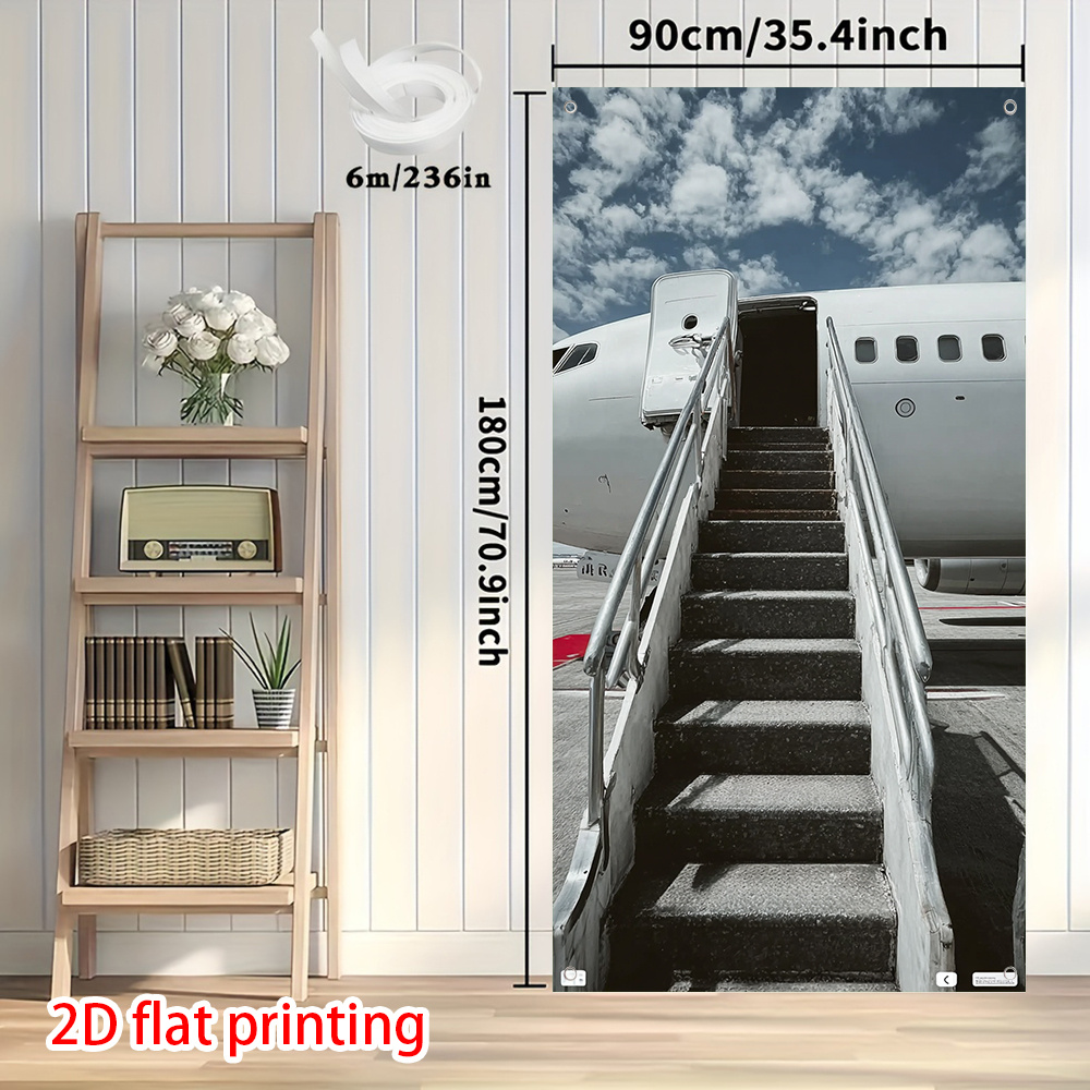 TEMU 2d Flat, 2d Door Banner 2d Flat, 2d Door Banner 2d Flat 1pc, 2d Door Banner, 1pc Aviation-themed 2d Flat Printed Door Banner With Staircase