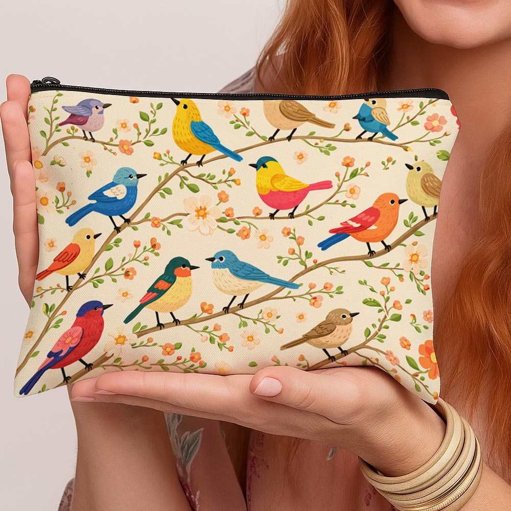 TEMU 1pc Women's & Girls' Bird Print Makeup Bag - Minimalist Linen Travel Organizer With Zipper Closure, Portable Toiletry Pouch Suitable For Daily