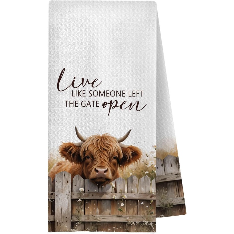 TEMU 1pc 18* Highland Cow Kitchen Towel For Rural Inn, Gift For Female Cow Lovers, Kitchen Decoration Plate Tea Towel, Live Has Left The Door,
