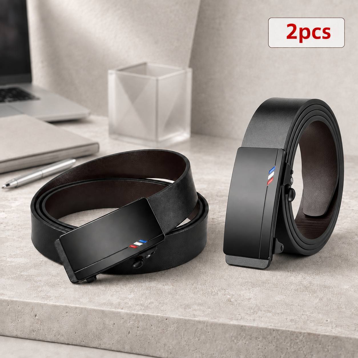 Image of 2pcs Men' Ratchet Belt With No-hole Slide - Adjustable Black Belt Suitable For Business, Dress, Jeans & Casual Wear, Automatic System For Office, Wedding, Everyday Use - Belt Gift For Him
