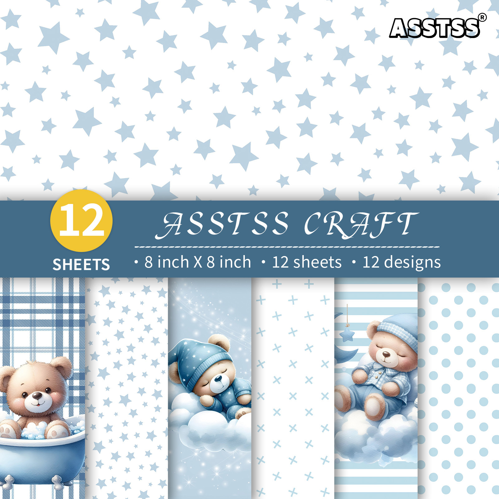 TEMU Bloc de papier de scrapbooking ASSTSS 12 feuilles en peluche bleu bébé - Papier cartonné épais adapté au journaling, à du collage, aux cartes de