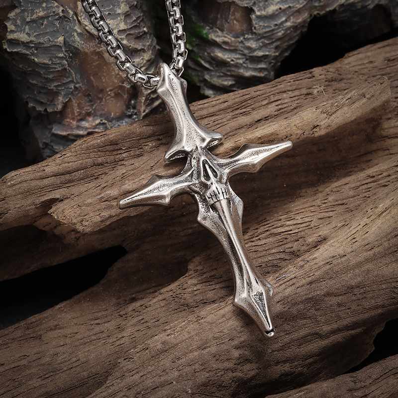 Punk Dark Skull Bone Cross Necklace, Trendy Pendant