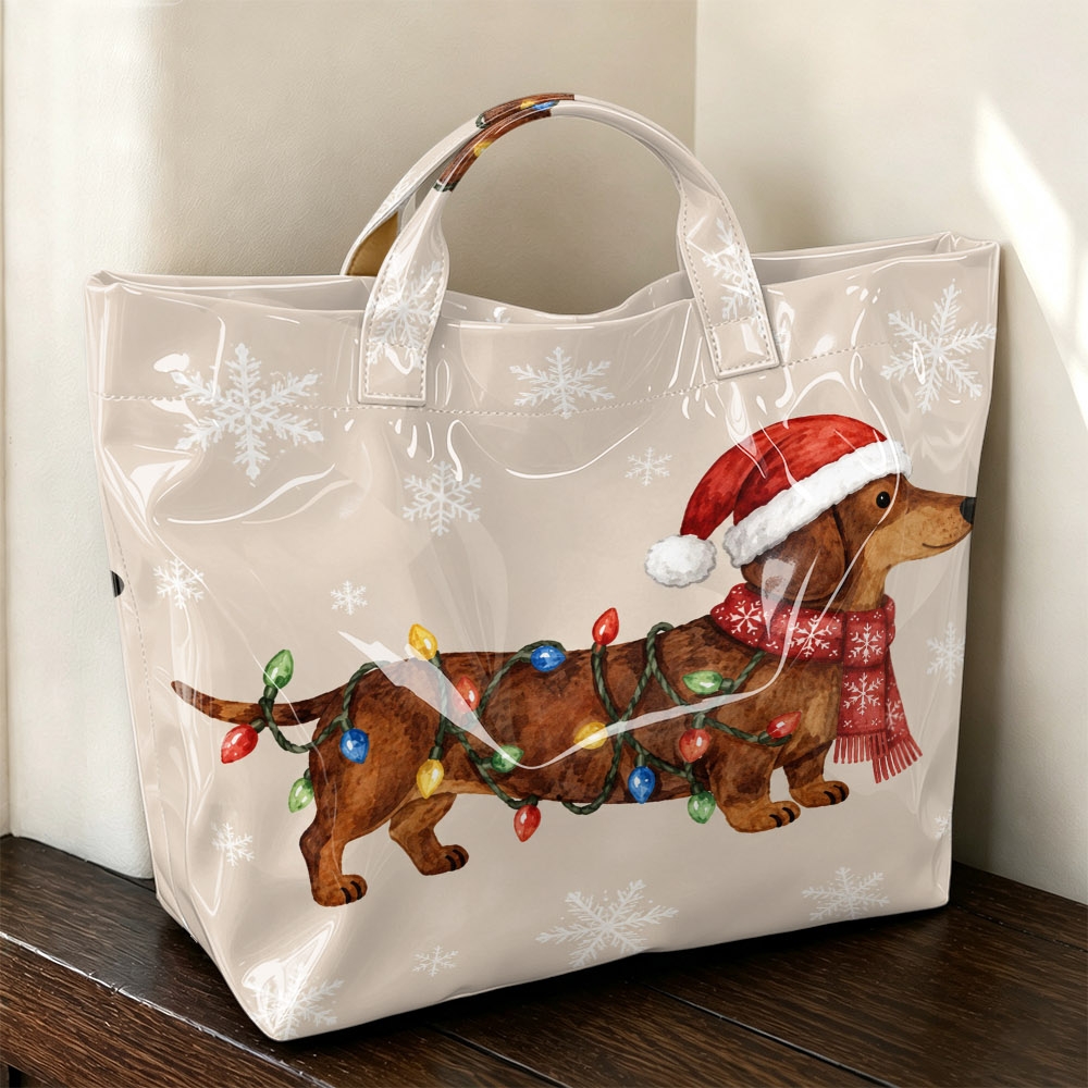 TEMU 1pc Cream-colored Dachshund Tote Bag Suitable For Xmas Shopping & , Pvc Hand Carry Bag With Dachshund Print & Fairy, Portable For School, School
