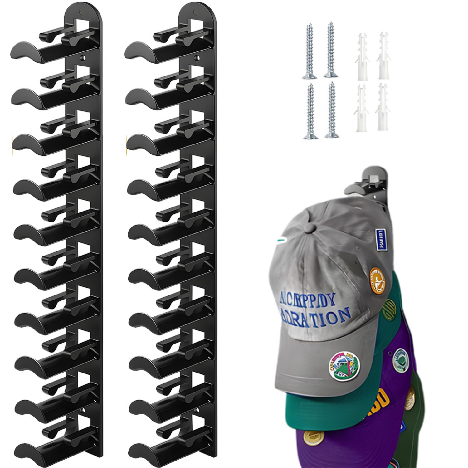 Image of 2pcs Black Cap Holder Wall Mounted Hat Organizer Rack - Space Saving Durable Storage Hanger For Baseball Caps, For Home Bedroom Closet, Hat Display And Arrangement Solution