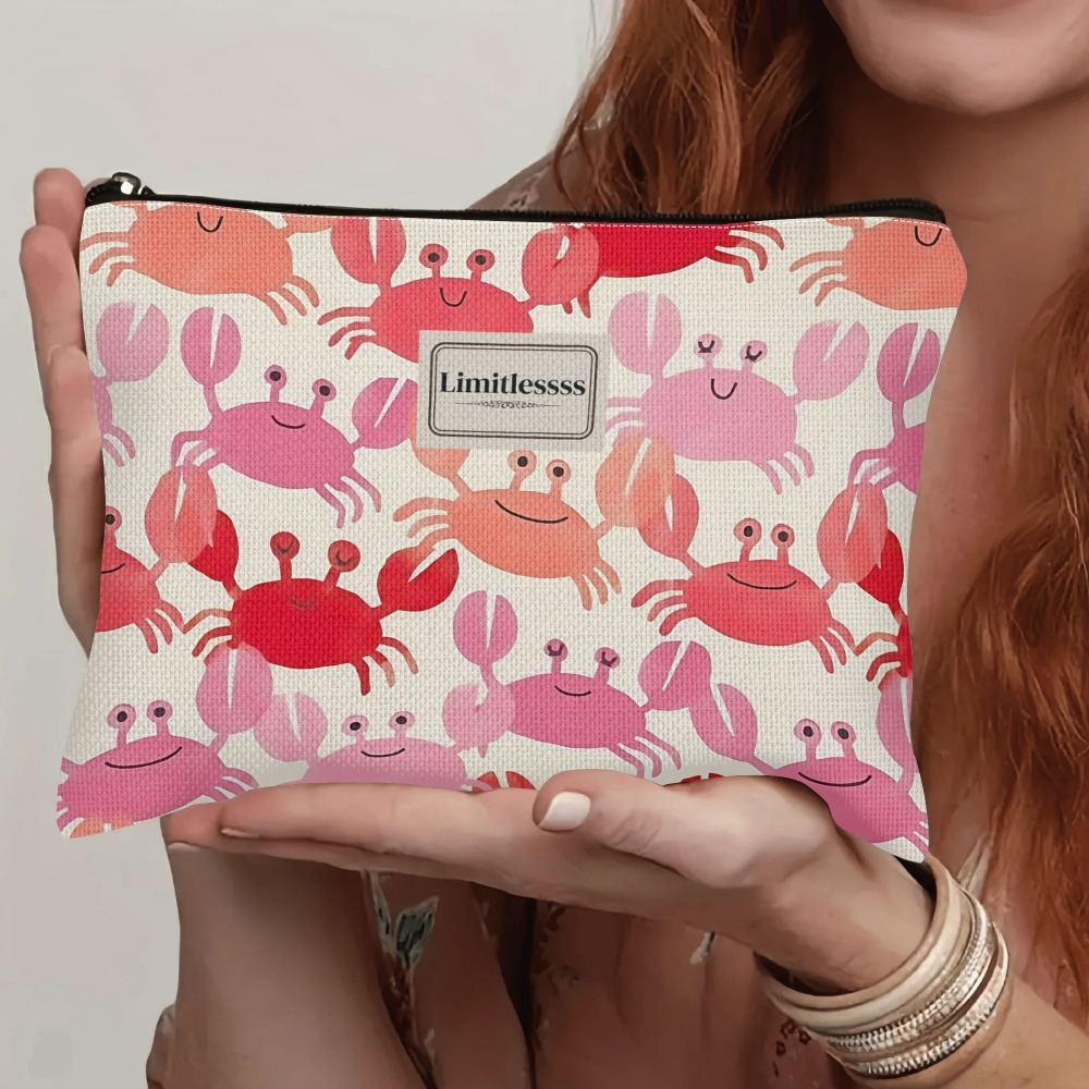 Image of Classic Fashion Crab-themed Makeup Pouch, Spacious Zipper Design, Double-sided, Ideal For Travel. Features Pink And Patterns, Made Of Durable Fabric
